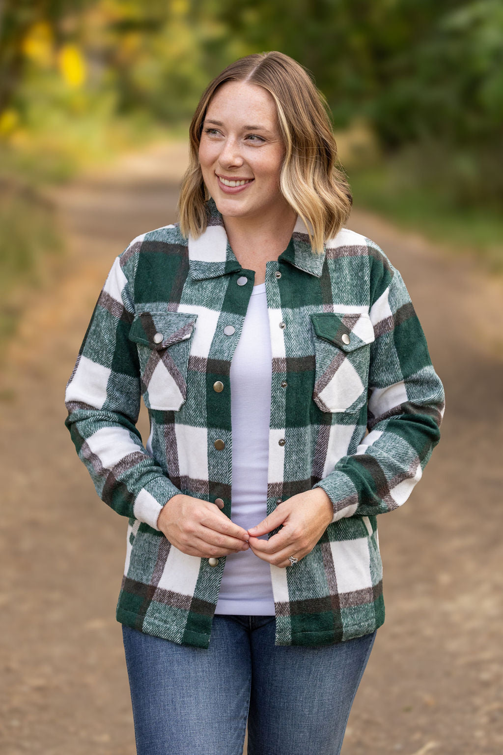 Norah Plaid Shacket - Evergreen and White