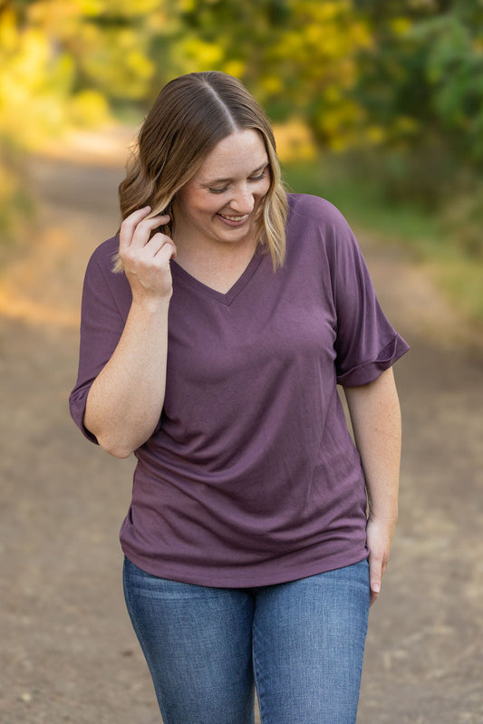 Selene V-Neck Cuff Sleeve Relaxed Top - Amethyst