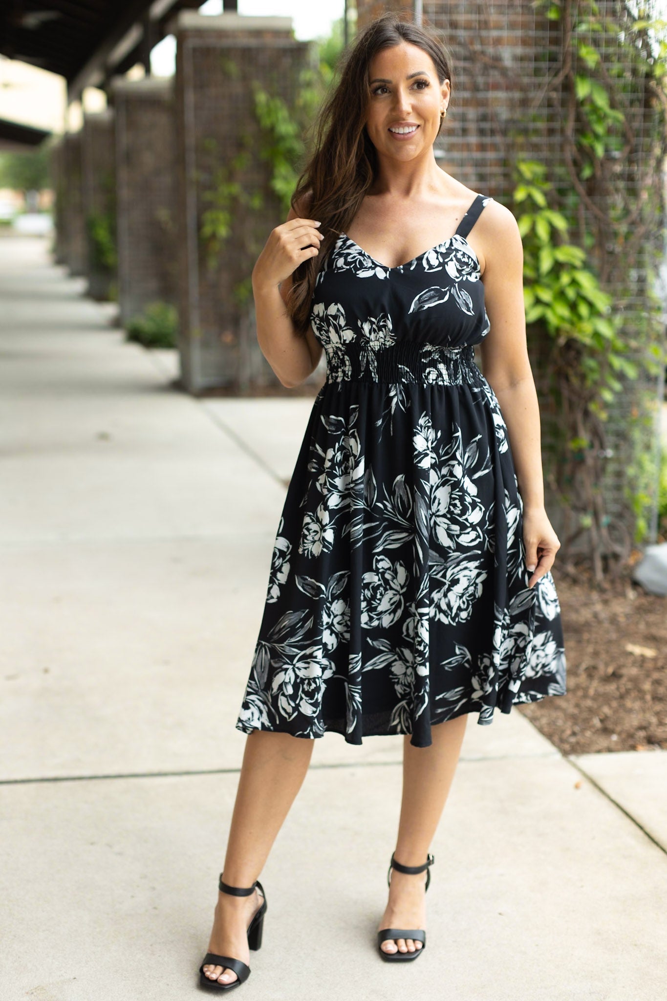 Cassidy Midi Dress - Black and White Floral