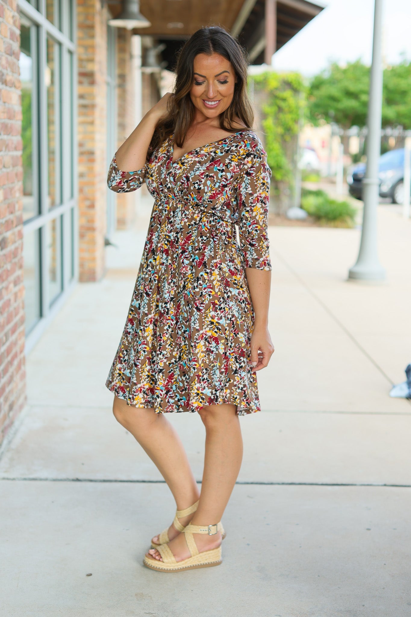 Taylor Faux Wrap Midi Dress - Mocha Floral