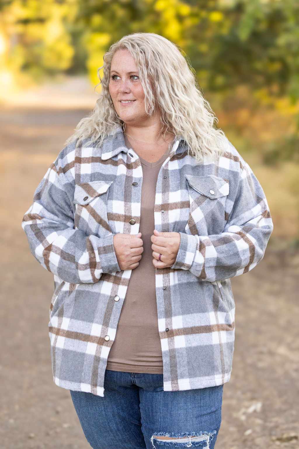 Norah Plaid Shacket - Grey and Tan