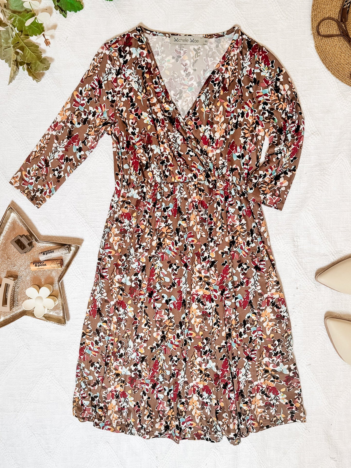 Taylor Faux Wrap Midi Dress - Mocha Floral