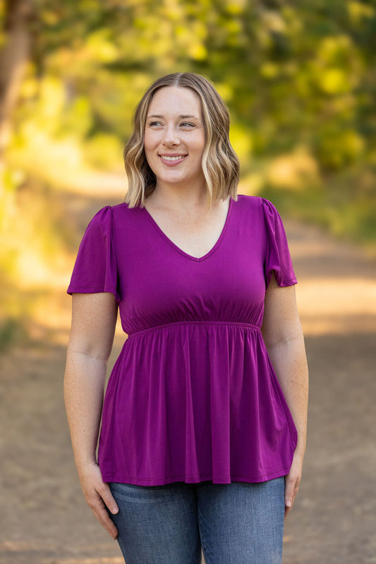 emery ruffle top purple womens short sleeve top