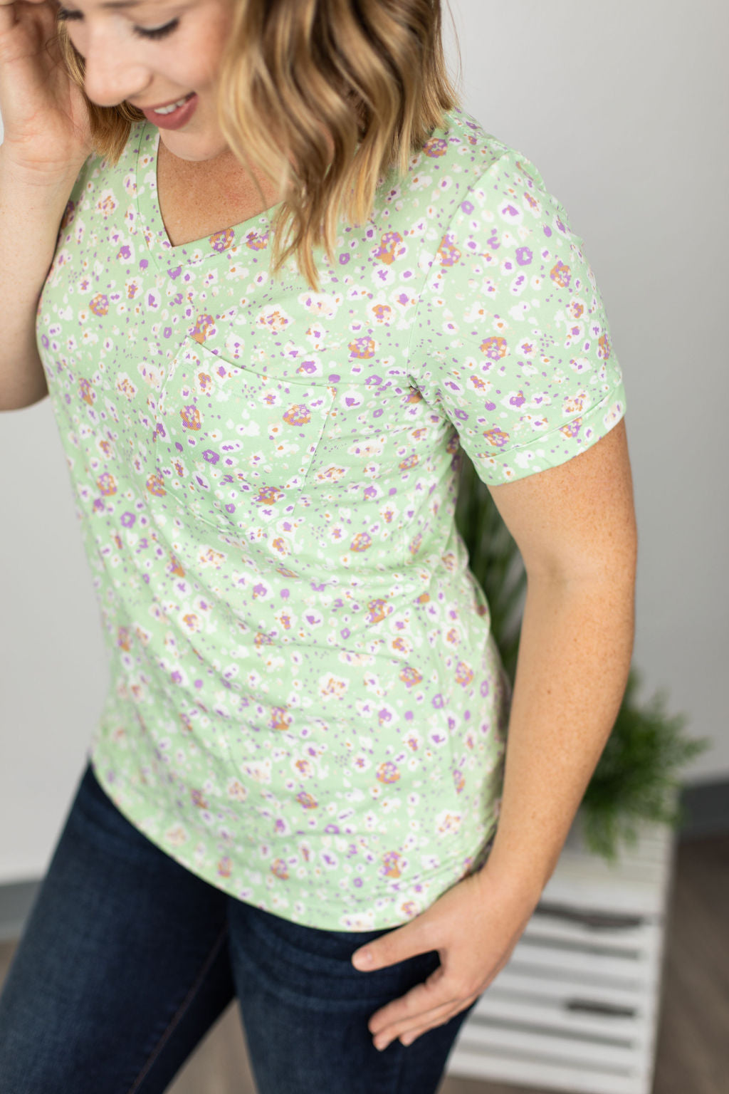 Sophie Classic Pocket Tee - Green Ditsy Floral